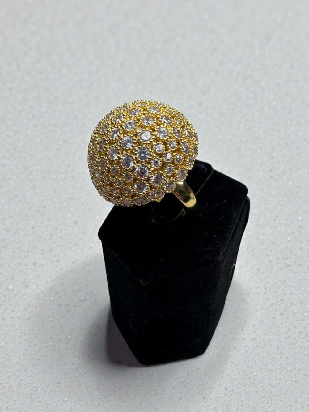 Gold Tone Dome Cocktail Ring Clear Crystal Pave Statement Ring Size 9.5